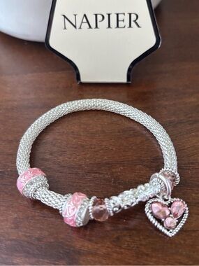 Napier Silvertone Mesh Band Stretch,heart charm with pink acrylic stones